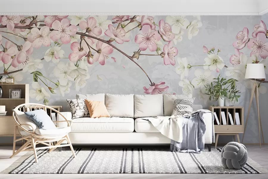 murales de pared Flores de cerezo rosas y blancas en plena floración, con suaves pétalos que caen sobre un fondo azul texturizado w08254