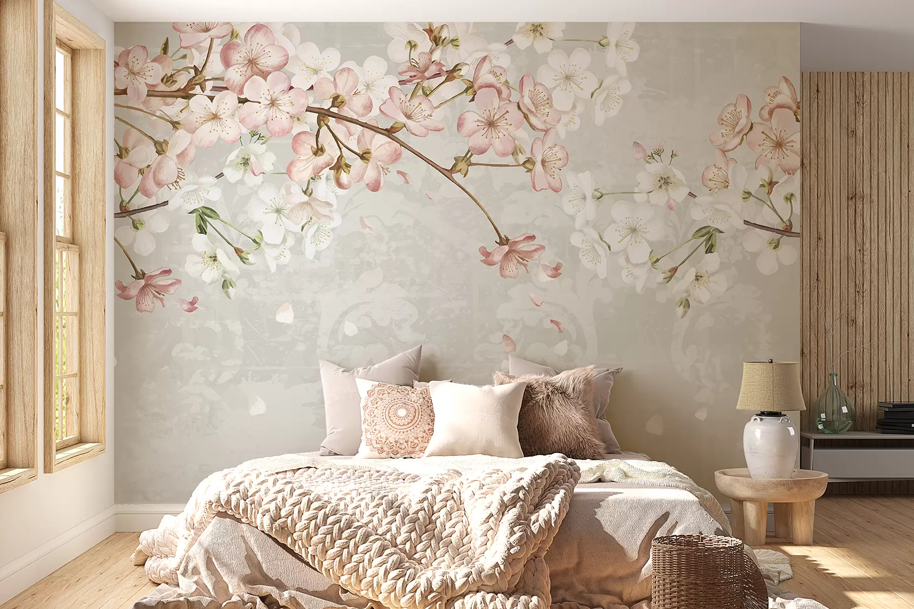murales de pared Flores de cerezo rosas y blancas en plena floración, con suaves pétalos que caen sobre un fondo beige texturizado w08254v1