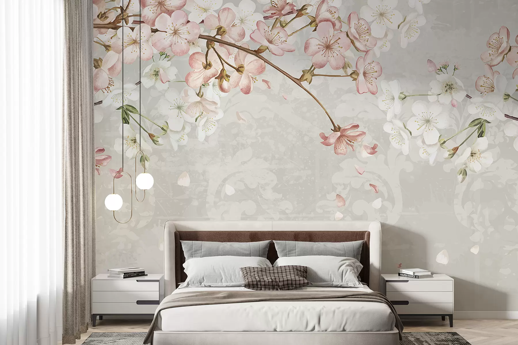 murales de pared Flores de cerezo rosas y blancas en plena floración, con suaves pétalos que caen sobre un fondo beige texturizado w08254v1