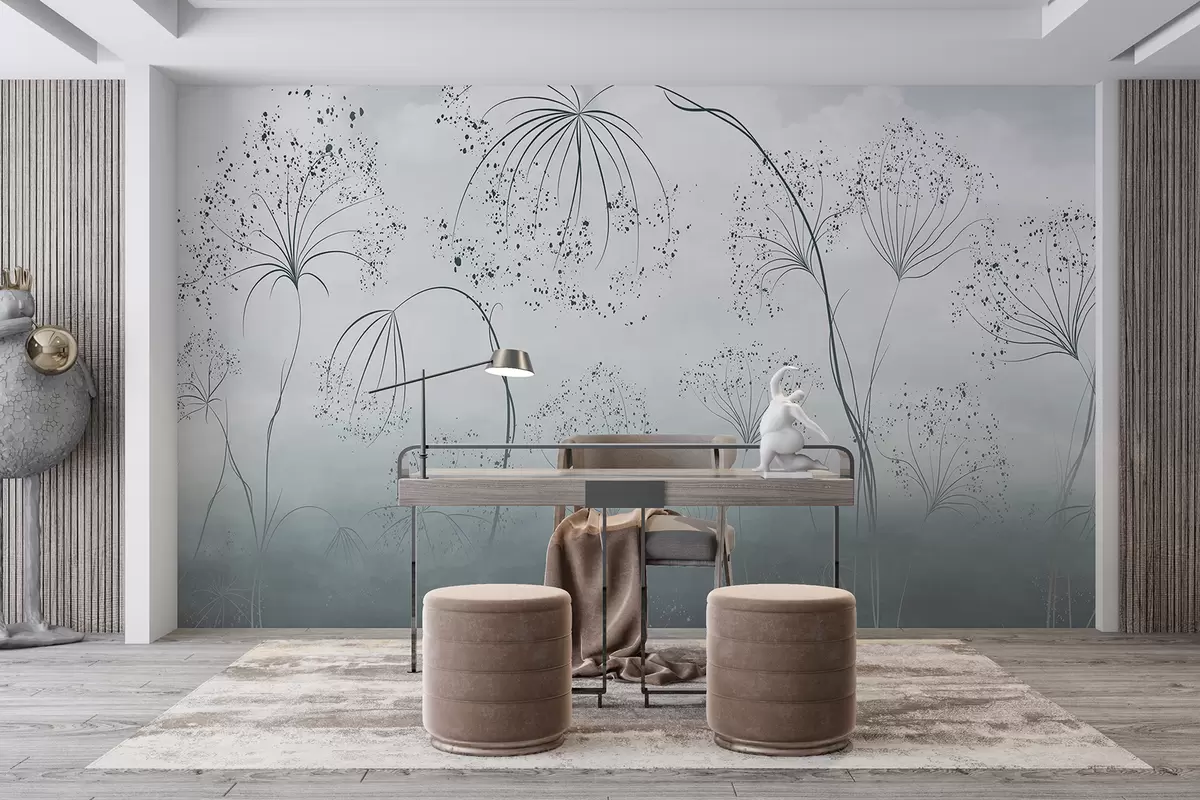 murales de pared Plantas azules, altas y tenues, con delicadas flores en forma de paraguas o cabezas de semillas en un entorno neblinoso y atmosférico w08258v1