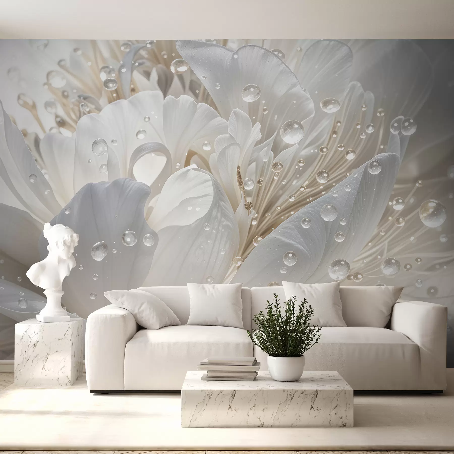 murales de pared Primer plano de una flor de peonía blanca con delicados pétalos y gotas de agua w08262