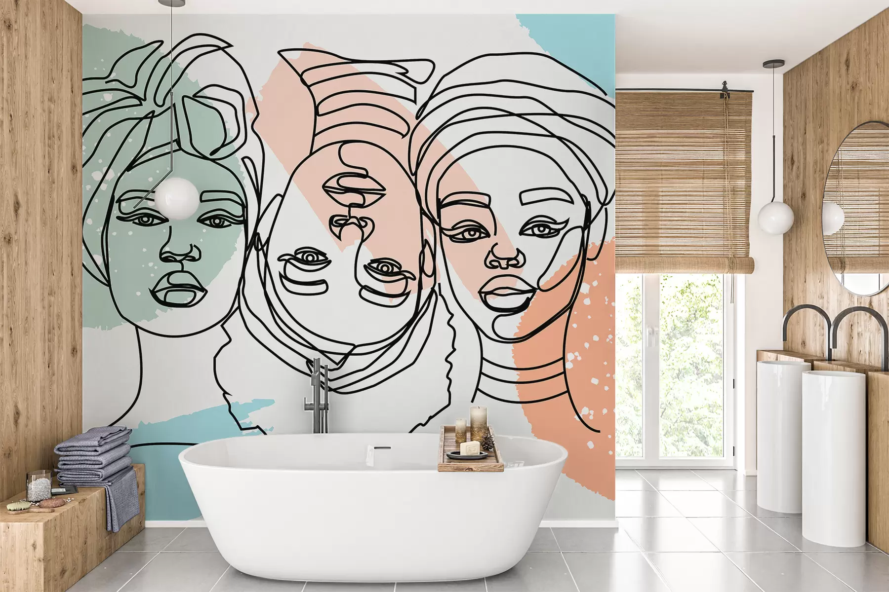 murales de pared Tres mujeres,mujer con lineas,colores suaves,abstracto w01570