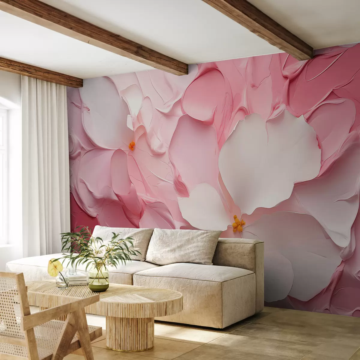 murales de pared Flores blancas abstractas trazos de pintura de color rosa w01555
