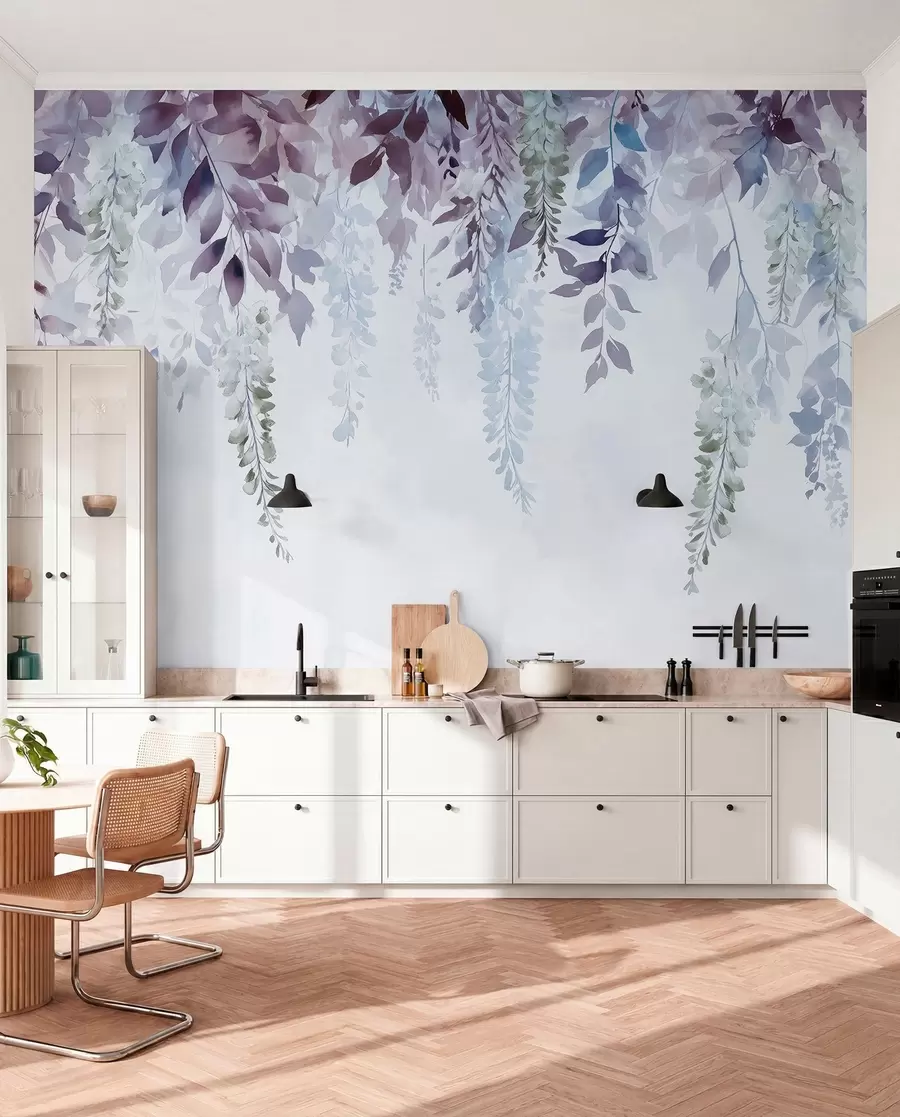 murales de pared Adorno de flor de glicina, floral, acuarela, colores azul y morado w01545v1