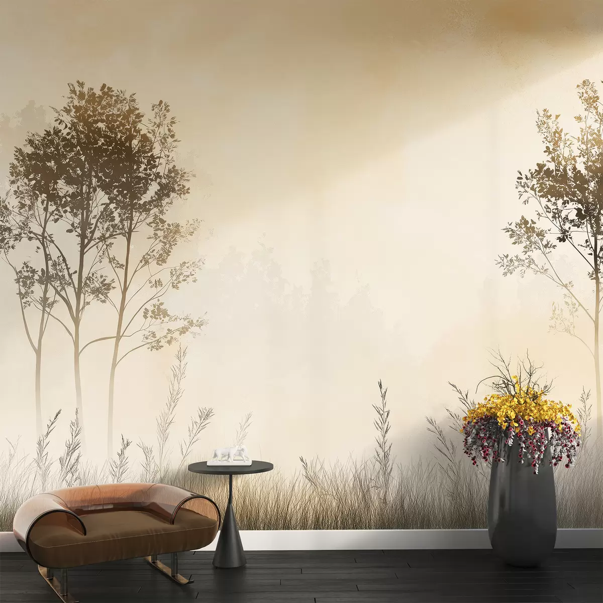 murales de pared Bosque brumoso, paisajes naturales, pradera, árboles, color beige w01547