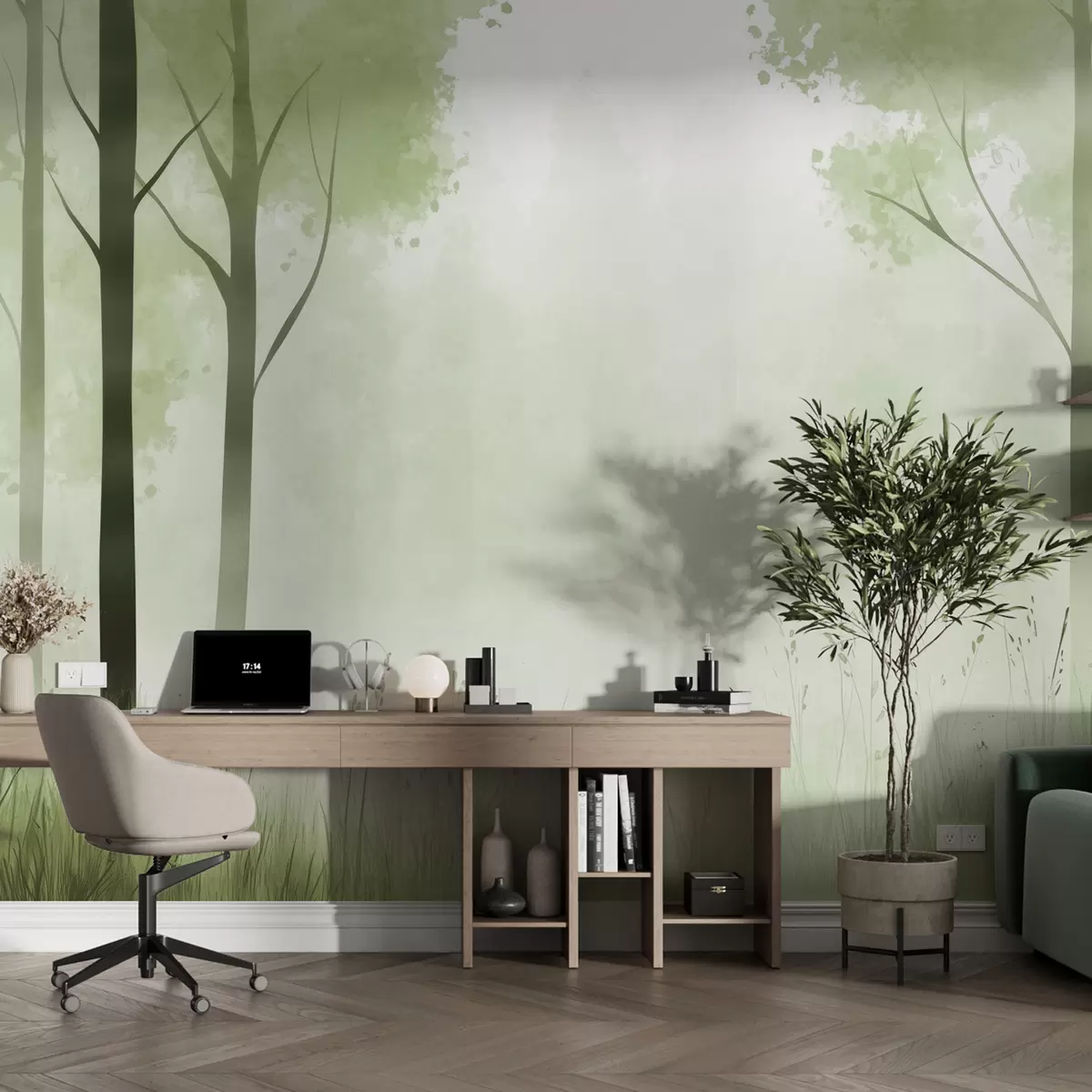murales de pared Acuarela bosque, niebla, árboles, hierba, paisaje natural, color verde w01563v2