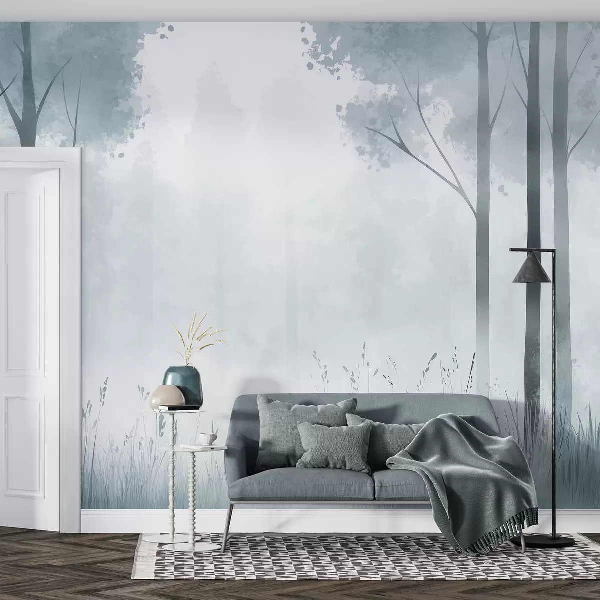 murales de pared Acuarela bosque, niebla, árboles, hierba, paisaje natural, color gris w01563v3