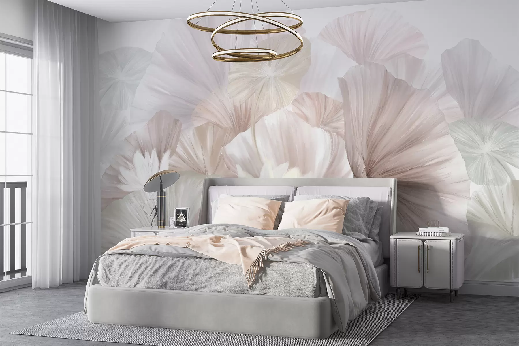 murales de pared Delicadas hojas de loto rosa con flores blancas de pétalos suaves y plumosos dispuestas en una composición artística natural w08265v1
