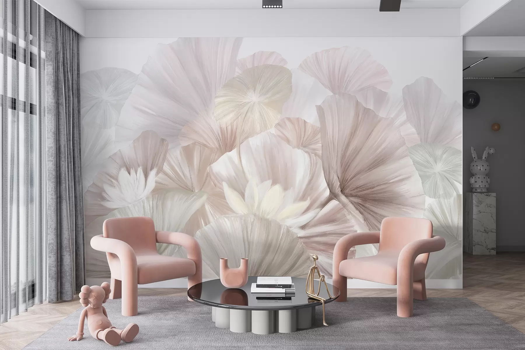 murales de pared Delicadas hojas de loto rosa con flores blancas de pétalos suaves y plumosos dispuestas en una composición artística natural w08265v1