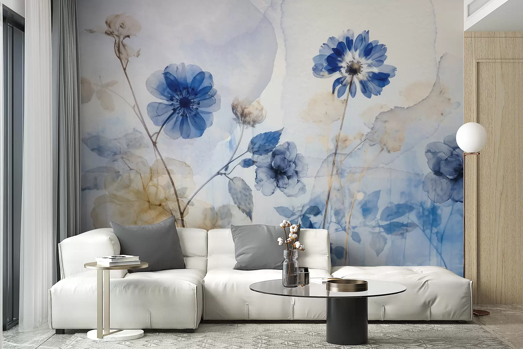 murales de pared Azul y blanco acuarela flores transparentes en un campo, con suave, borrosa fondo abstracto w08270