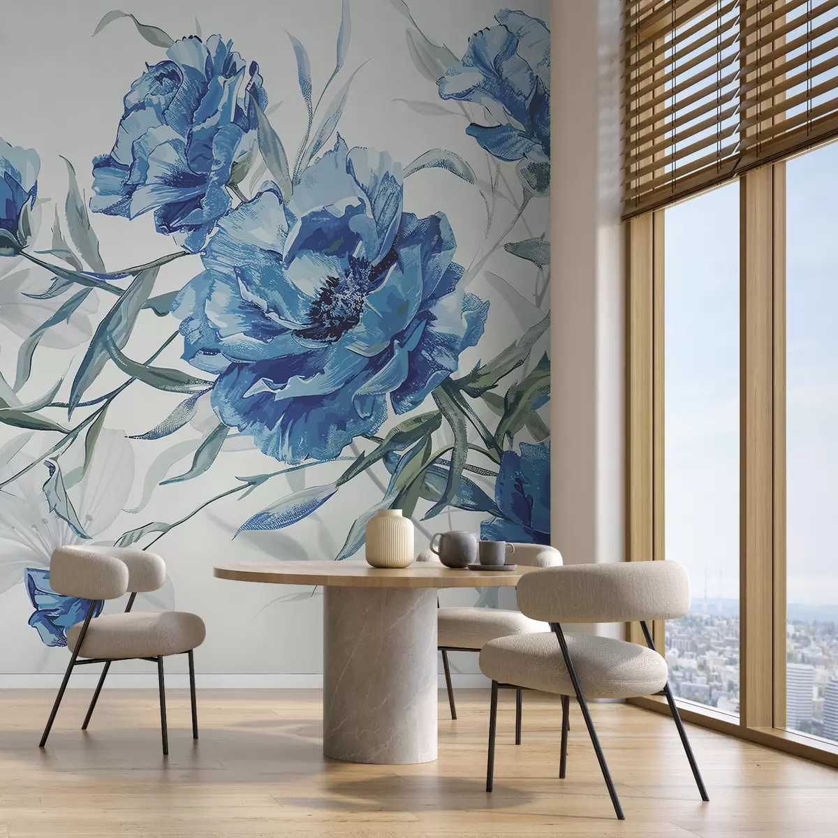 murales de pared Pintura de peonías azules con exuberante follaje sobre un fondo abstracto claro  w08274v1