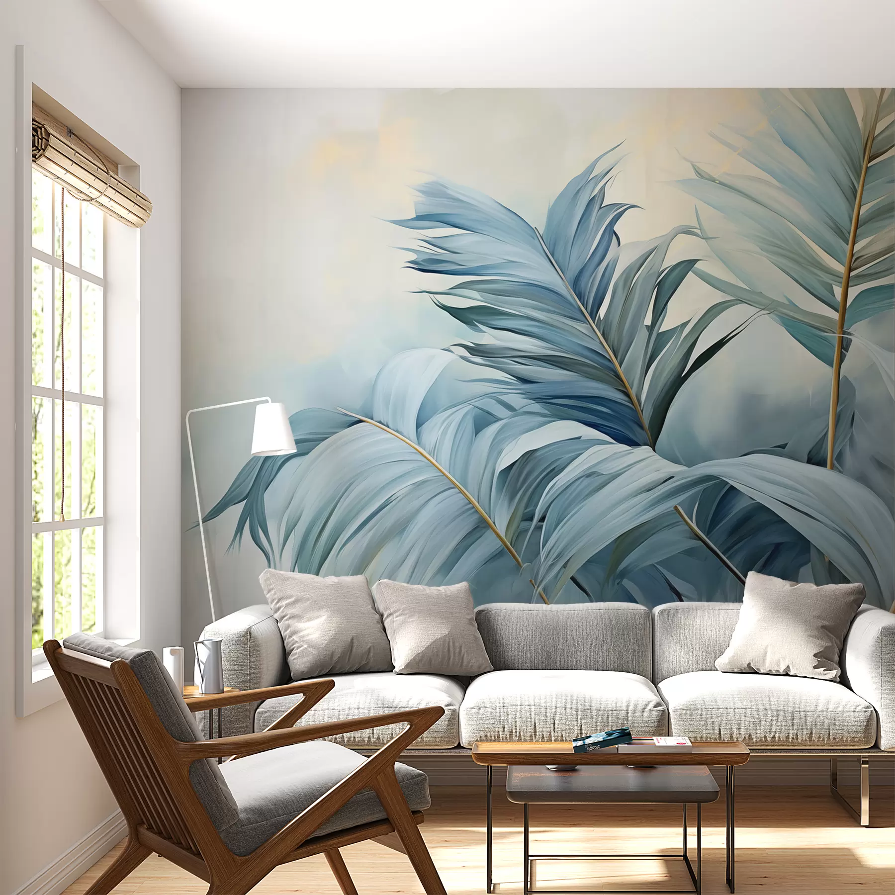 murales de pared Hojas de palmera azules contra la niebla w01618