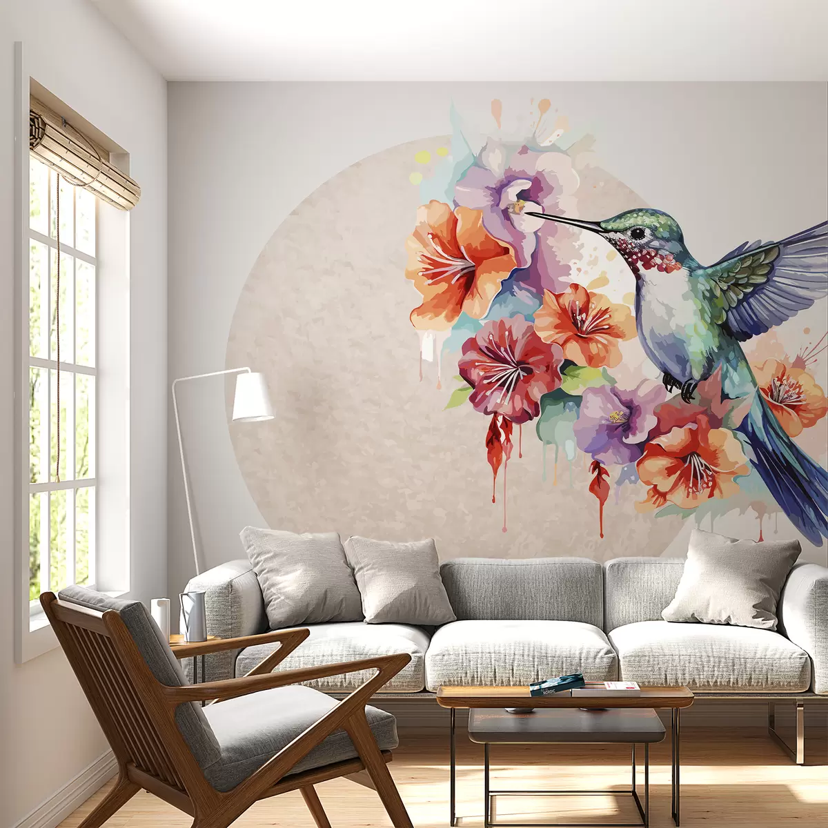 murales de pared Colibrí,flores,círculo,beige w01528