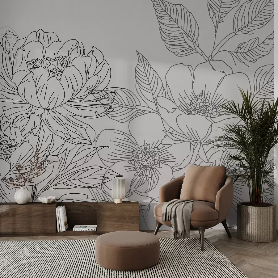 murales de pared Flores lineales de color negro w01530v1