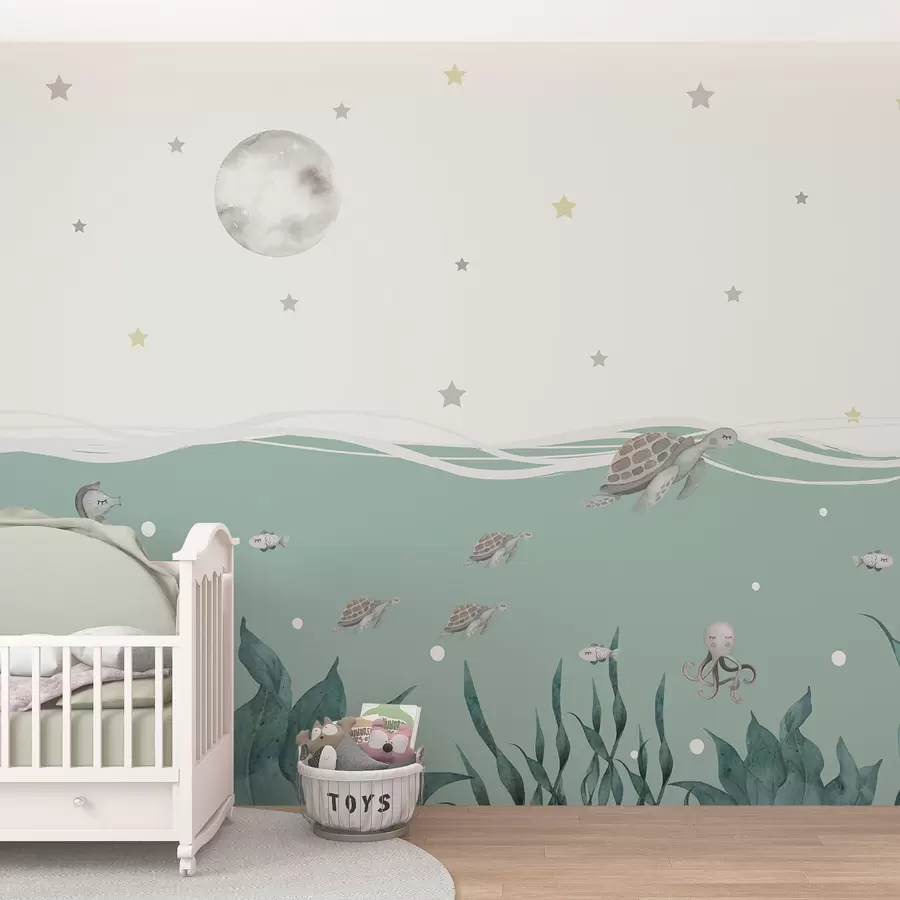 murales de pared Motivo marino con tortugas, caballito de mar, pez y luna llena w01521