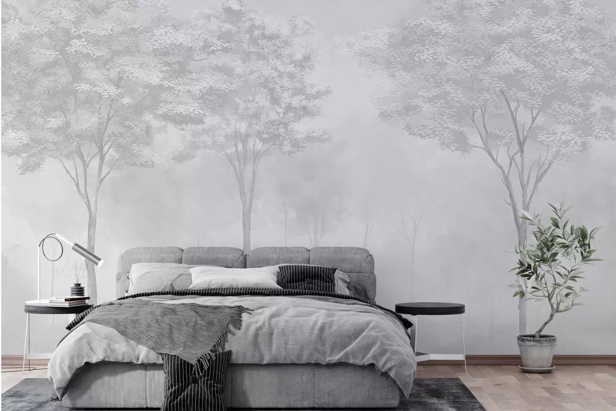 murales de pared Silueta de bosque brumoso en color gris w01599v5