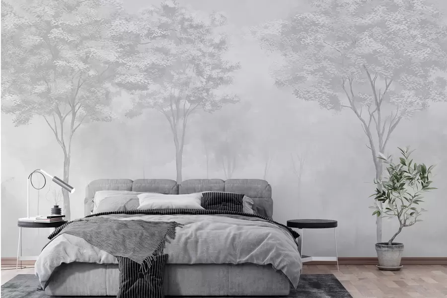 murales de pared Silueta de bosque brumoso en color gris w01599v5