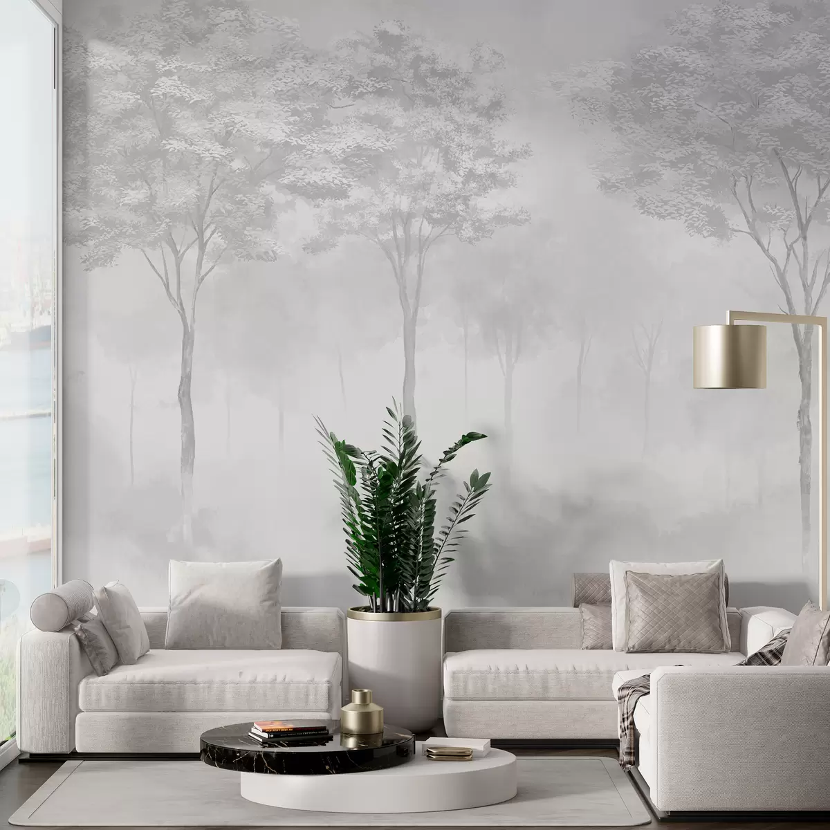 murales de pared Silueta de bosque brumoso en color gris w01599v5