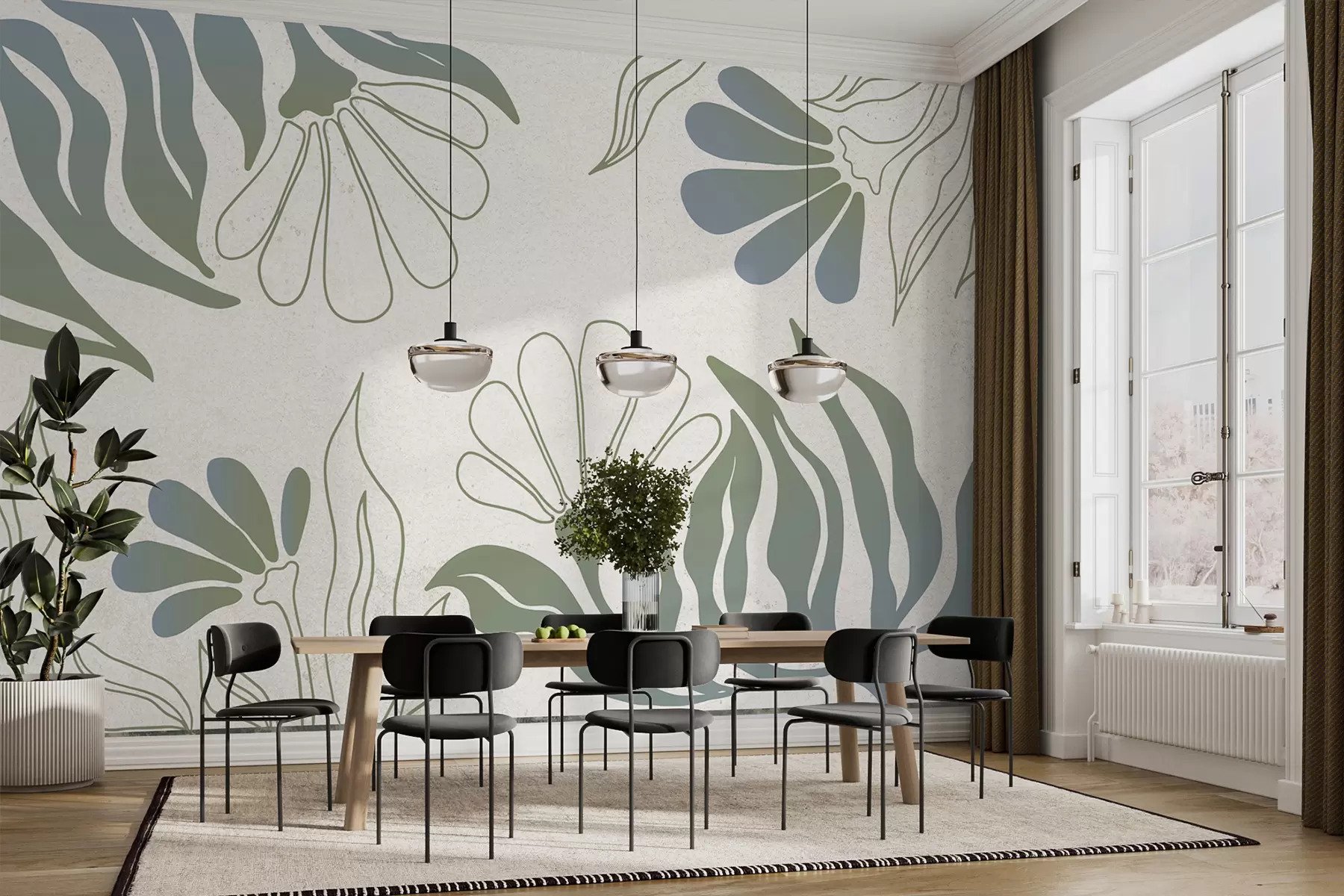 murales de pared Flores geométricas, dibujo lineal, abstracción, colores verde y beige w01628v1