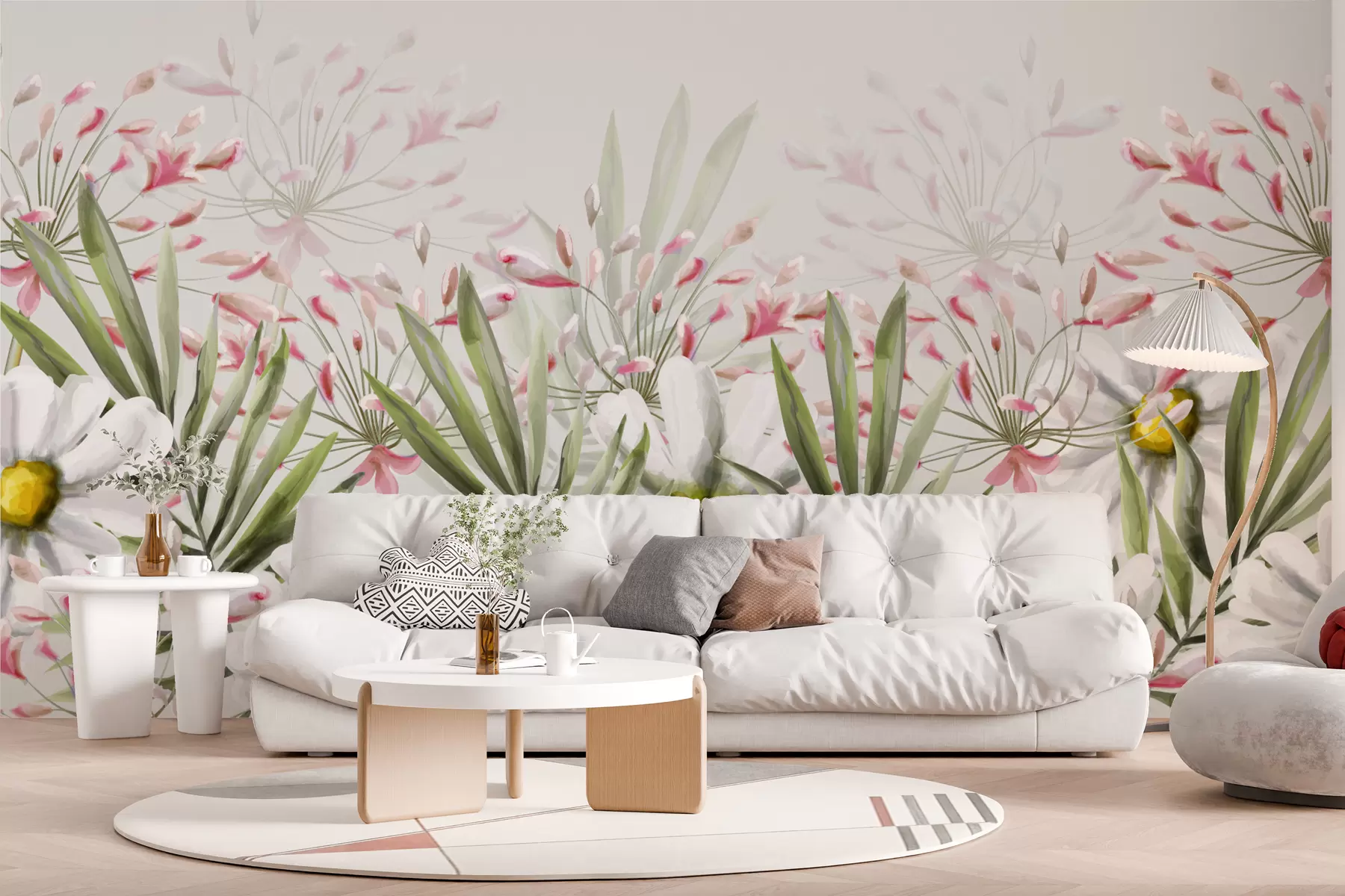 murales de pared margaritas, flores silvestres, hojas, flores rosas, arreglo floral w01633v1