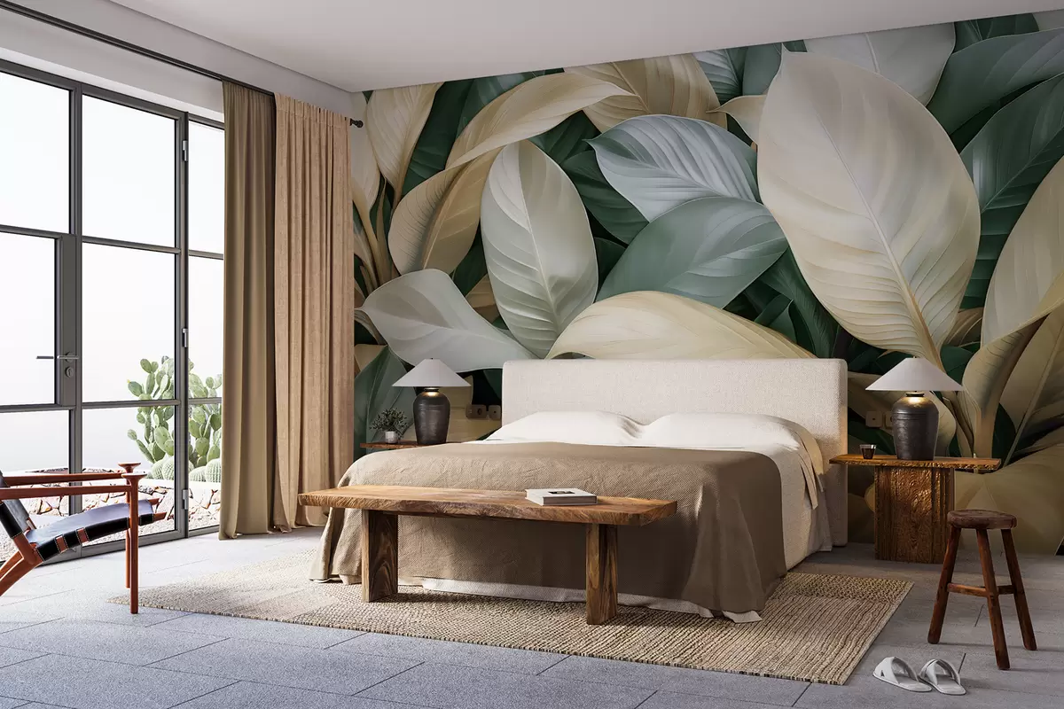 murales de pared Grandes hojas tropicales en colores verde y beige w01587v1