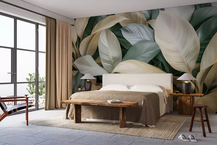 murales de pared Grandes hojas tropicales en colores verde y beige w01587v1