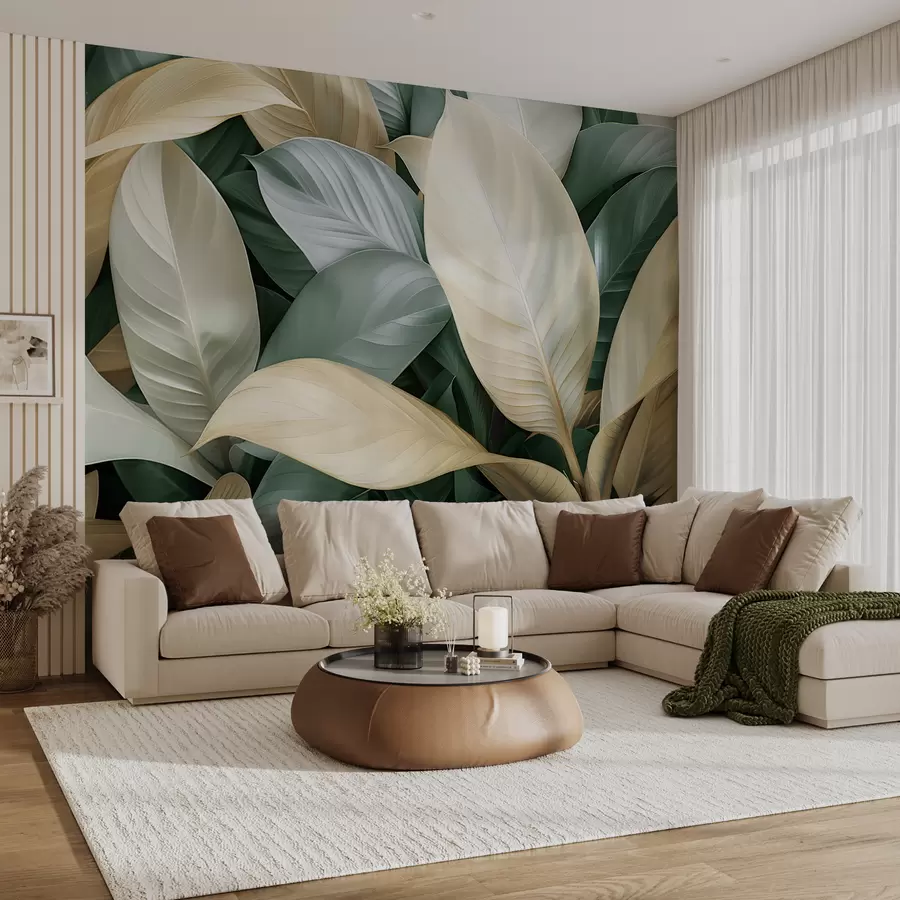 murales de pared Grandes hojas tropicales en colores verde y beige w01587v1