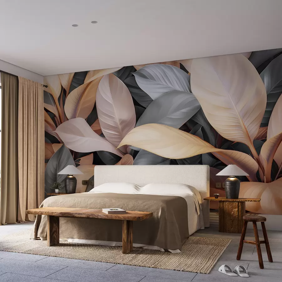 murales de pared Grandes hojas tropicales en colores azul y beige w01587v2
