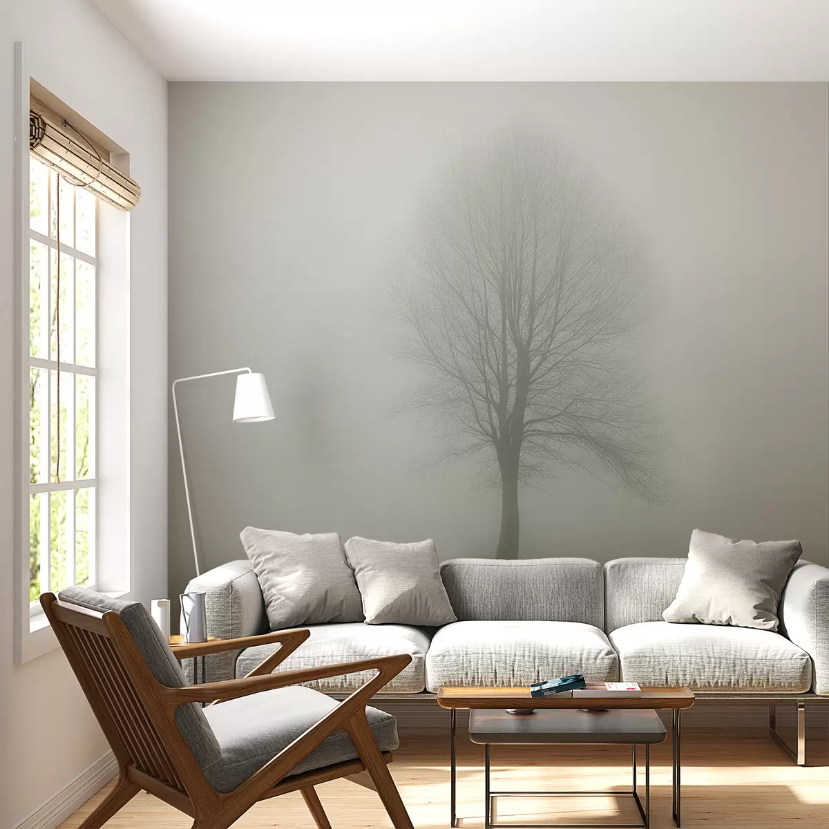 murales de pared Árbol en la niebla de color verde oscuro w01660