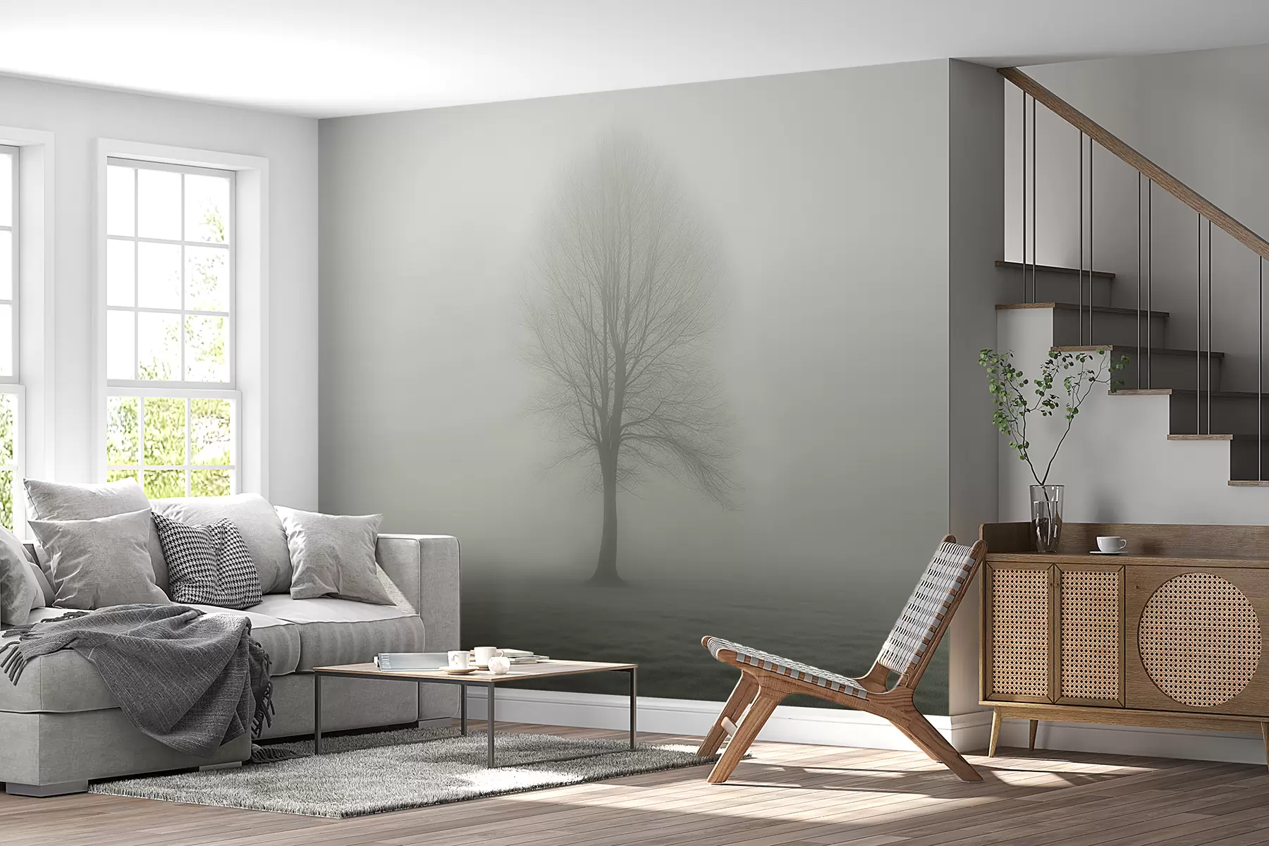 murales de pared Árbol en la niebla de color verde oscuro w01660