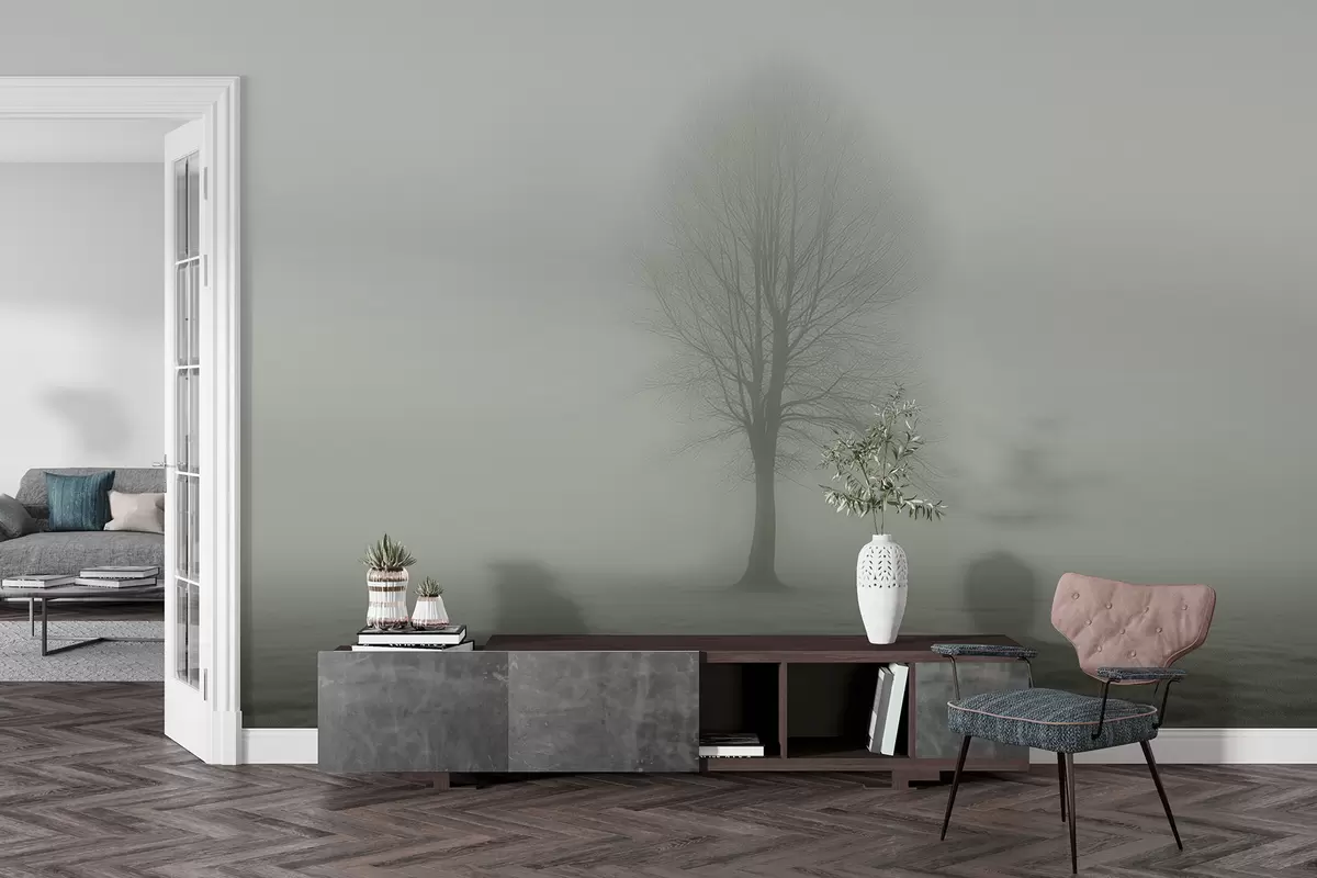 murales de pared Árbol en la niebla de color verde oscuro w01660