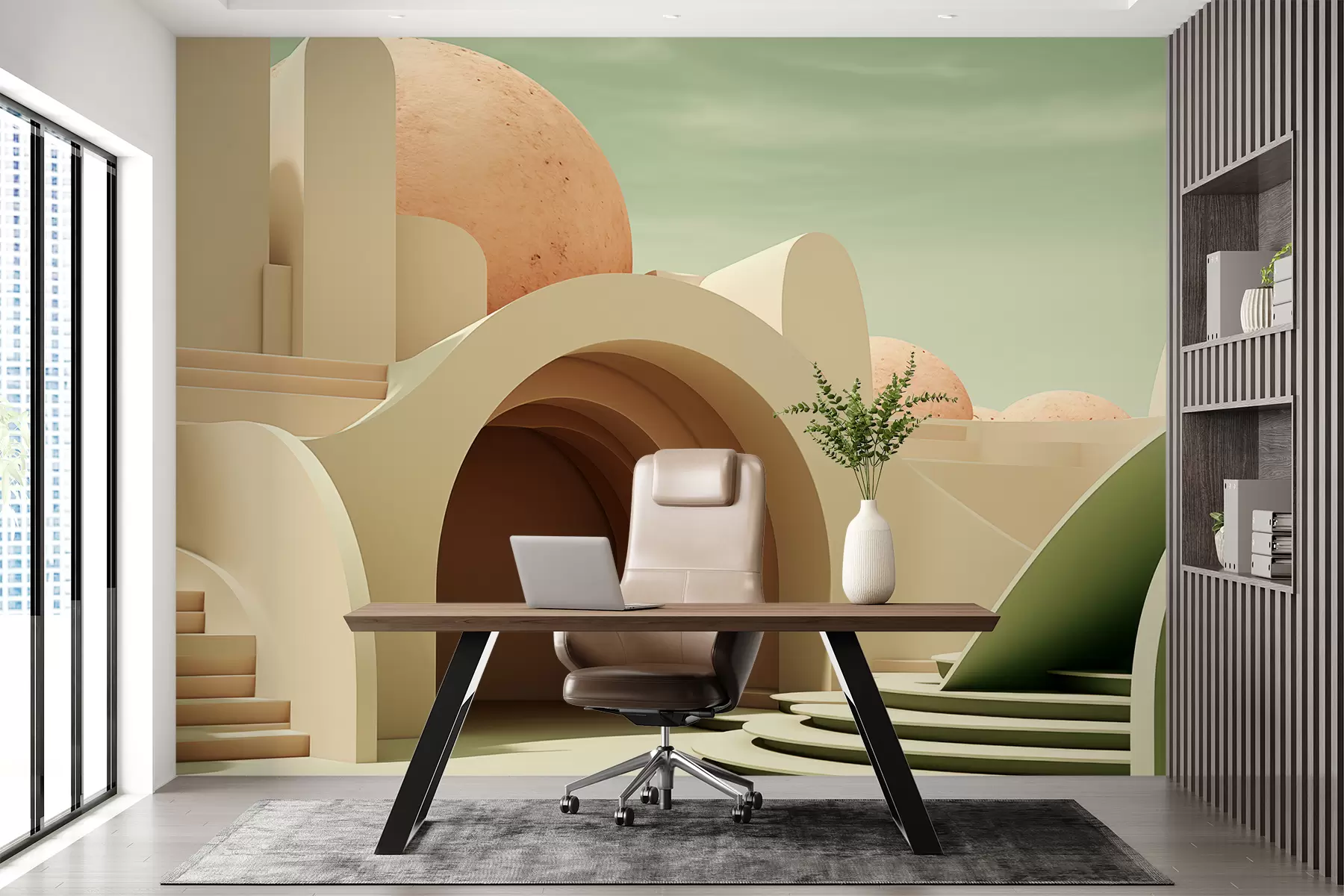 murales de pared Paisaje arquitectónico minimalista, verde, beige, naranja w01649