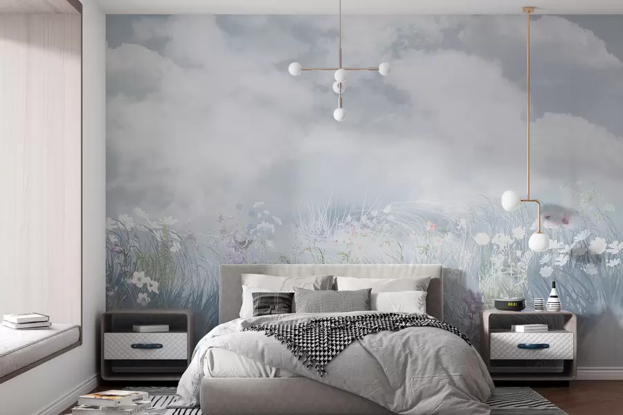 murales de pared Flores silvestres y hierbas con cielo balcánico y nubes w01624