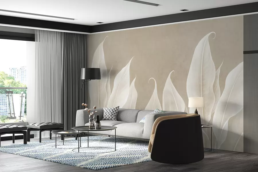 murales de pared grandes hojas blancas sobre fondo beige w01679