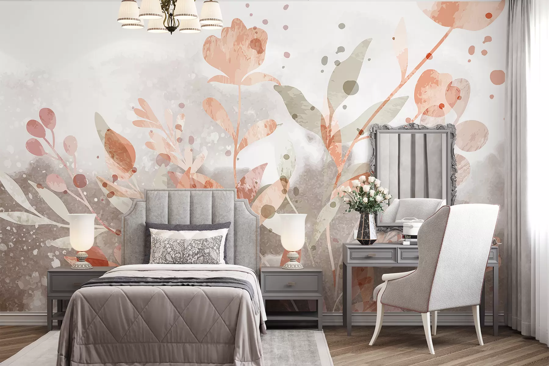 murales de pared Flores anaranjadas y beige con bordes suaves y difuminados sobre un fondo de acuarela clara w08310v1