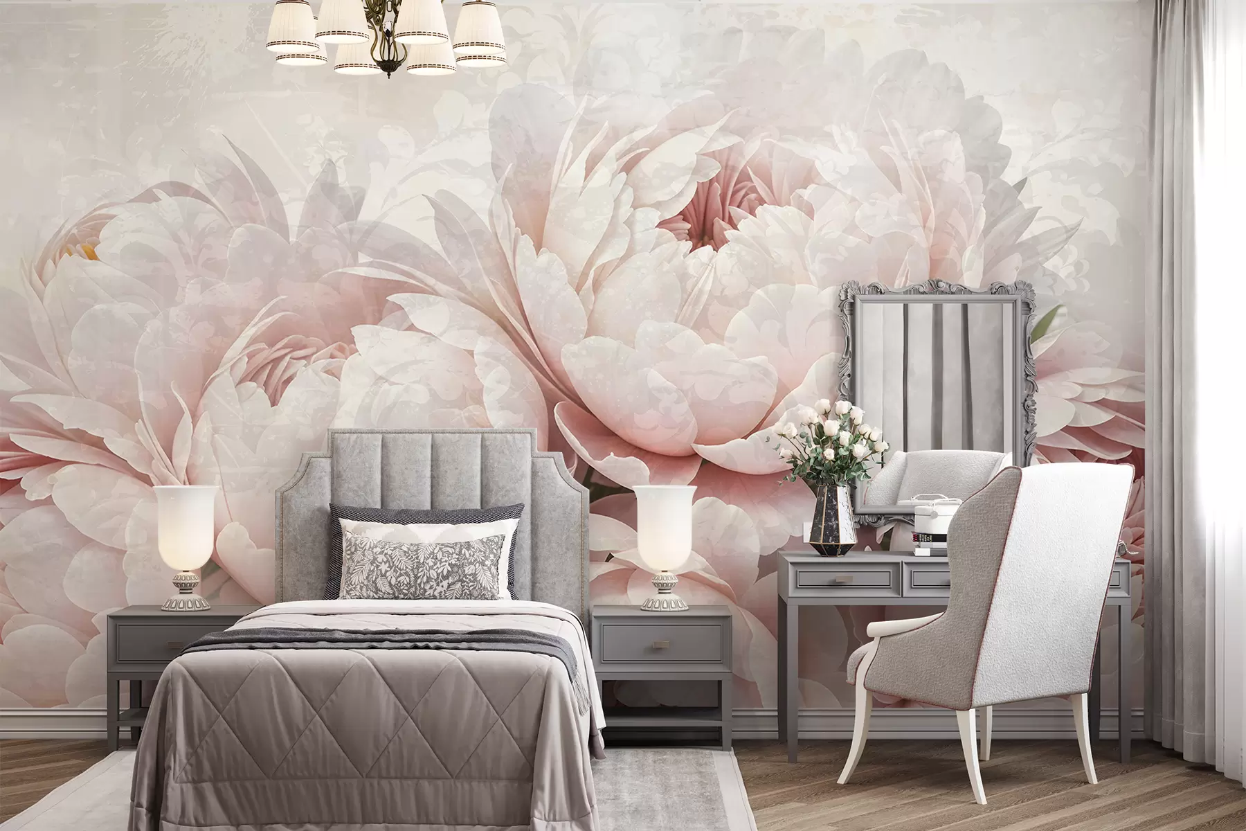 murales de pared Peonías de color rosa suave con delicados pétalos sobre un fondo vintage de textura ligera w08312