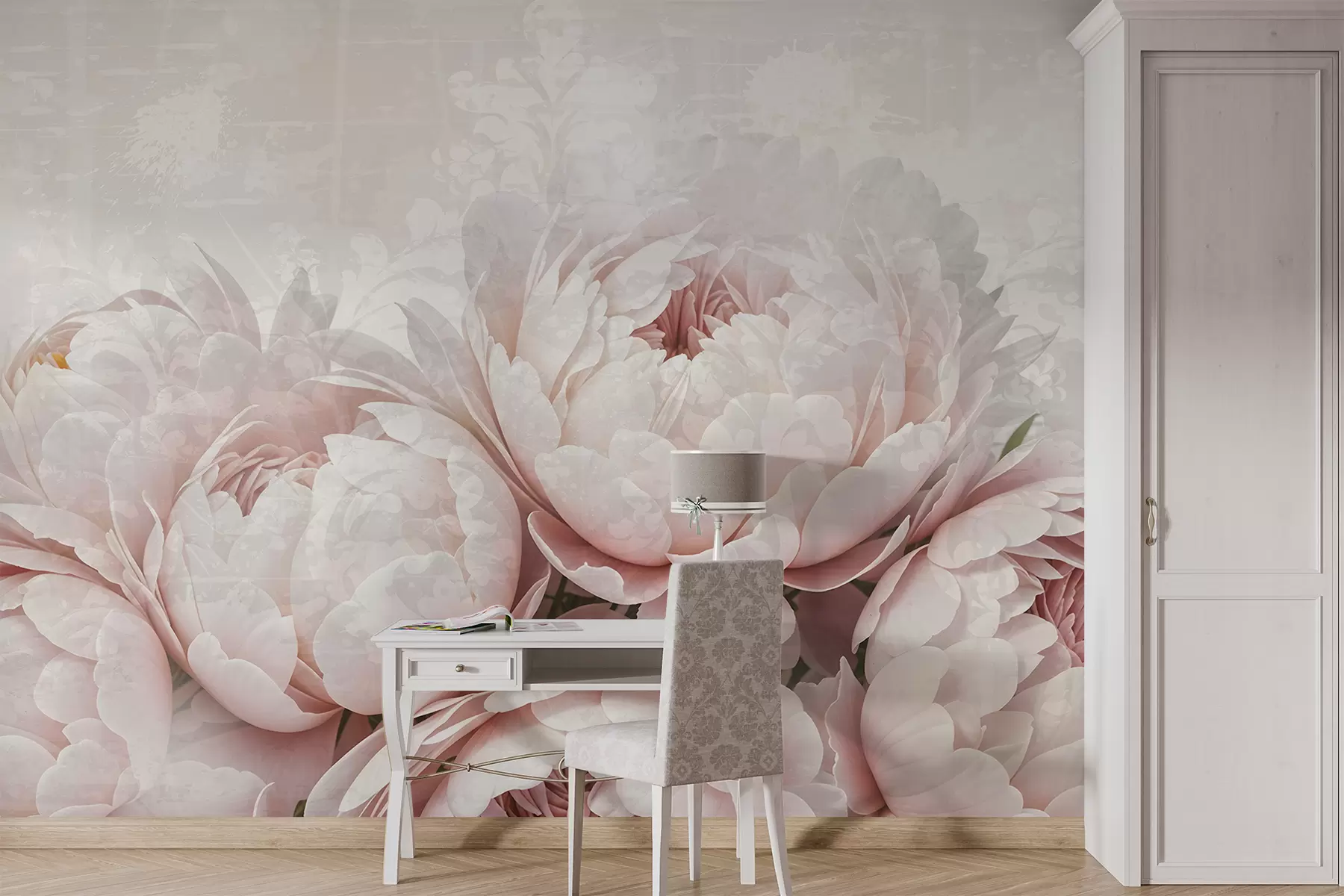 murales de pared Peonías de color rosa suave con delicados pétalos sobre un fondo vintage de textura ligera w08312