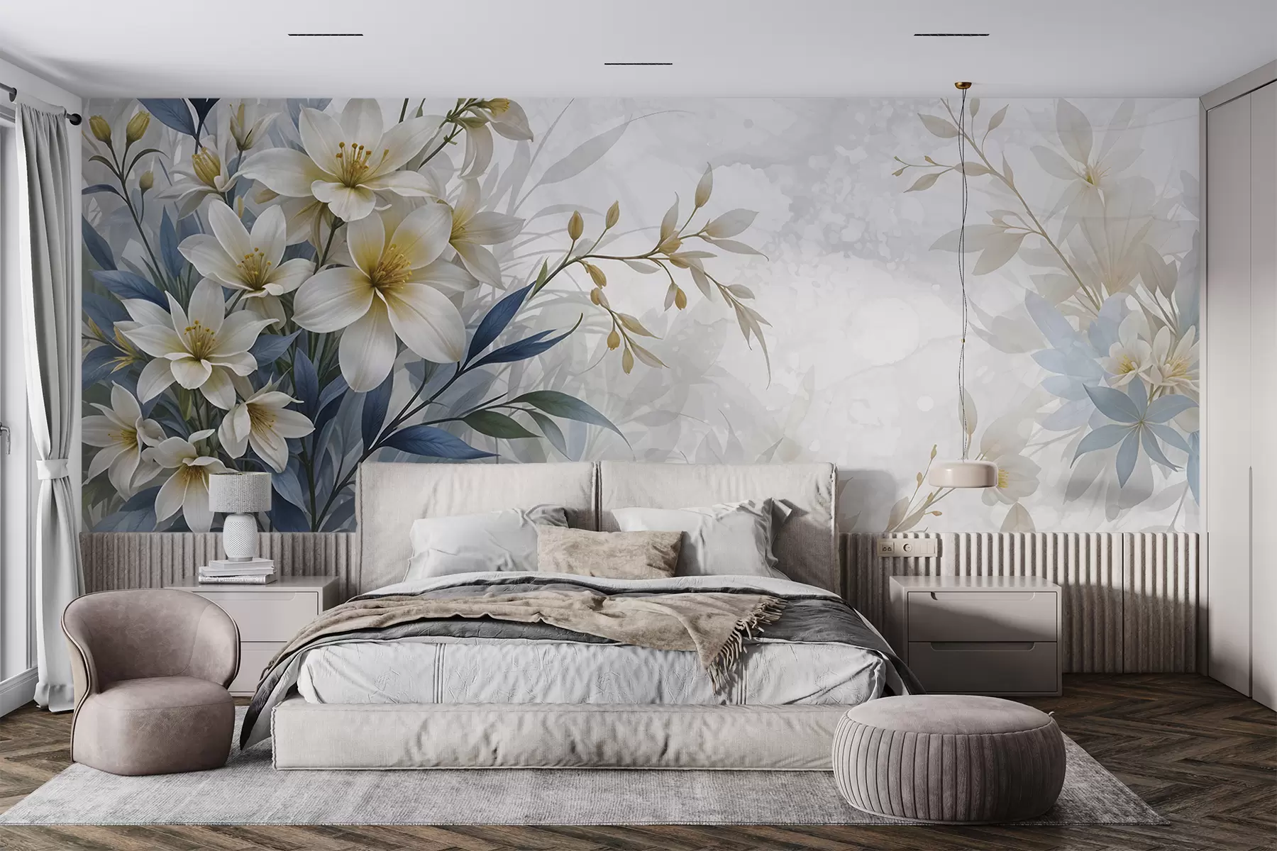 murales de pared Ramo floral blanco, beige y azul con delicadas hojas sobre un fondo suave y difuminado w08314