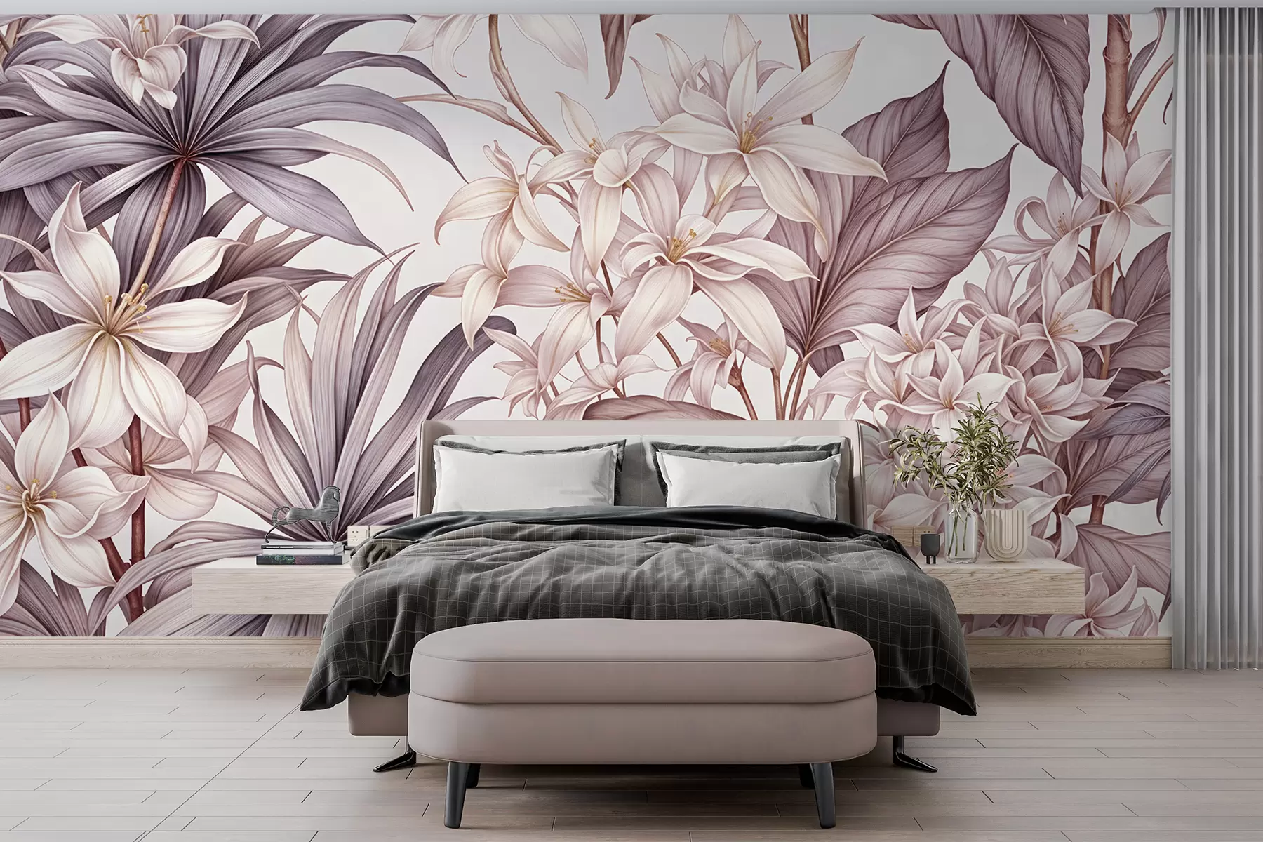 murales de pared Estampado floral tropical con grandes flores blancas y rosa claro, hojas de bordo y fondo neutro w08318v1