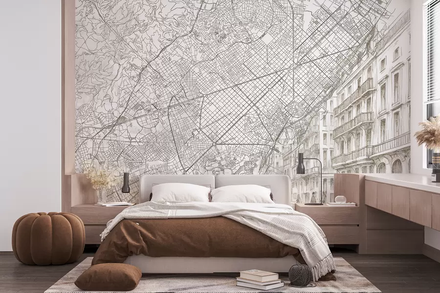 murales de pared Mapa de la ciudad de Barcelona, dibujo lineal, arquitectura, España, colores beige w01695