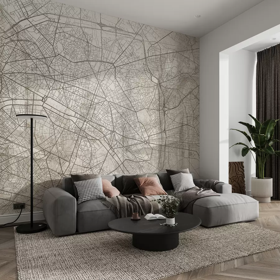 murales de pared Mapa de la ciudad de París, dibujo lineal, arquitectura, Francia, colores beige w01697