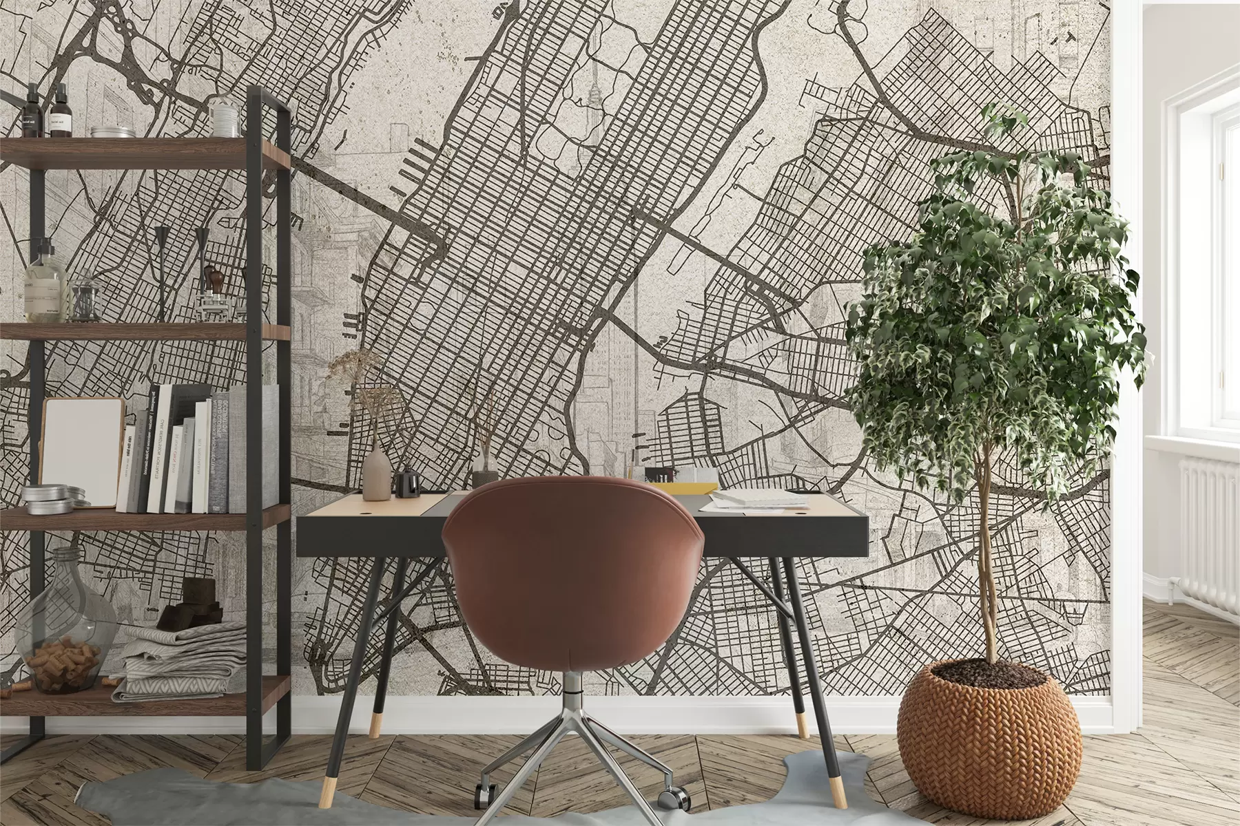 murales de pared Mapa de la ciudad de Nueva York, dibujo lineal, arquitectura, colores beige w01699