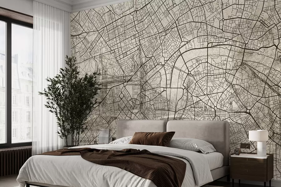 murales de pared Mapa de la ciudad de Londres, dibujo lineal, arquitectura, colores beige w01702