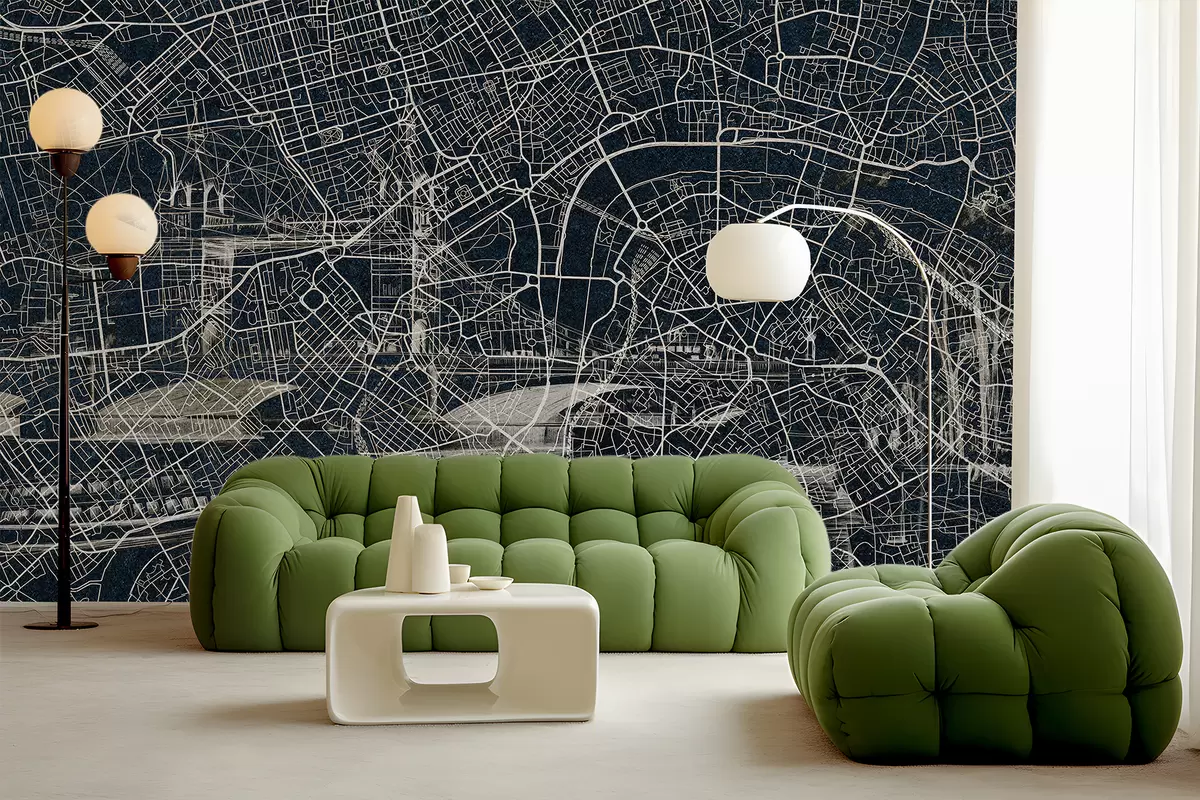 murales de pared Mapa de la ciudad de Londres, dibujo lineal, arquitectura, colores oscuros w01702v1