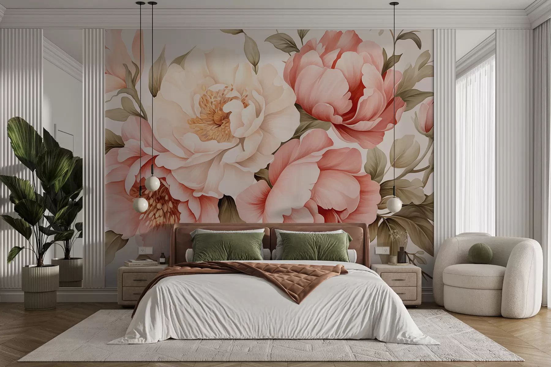 murales de pared Delicadas flores blancas y rosas de estilo vintage w01734