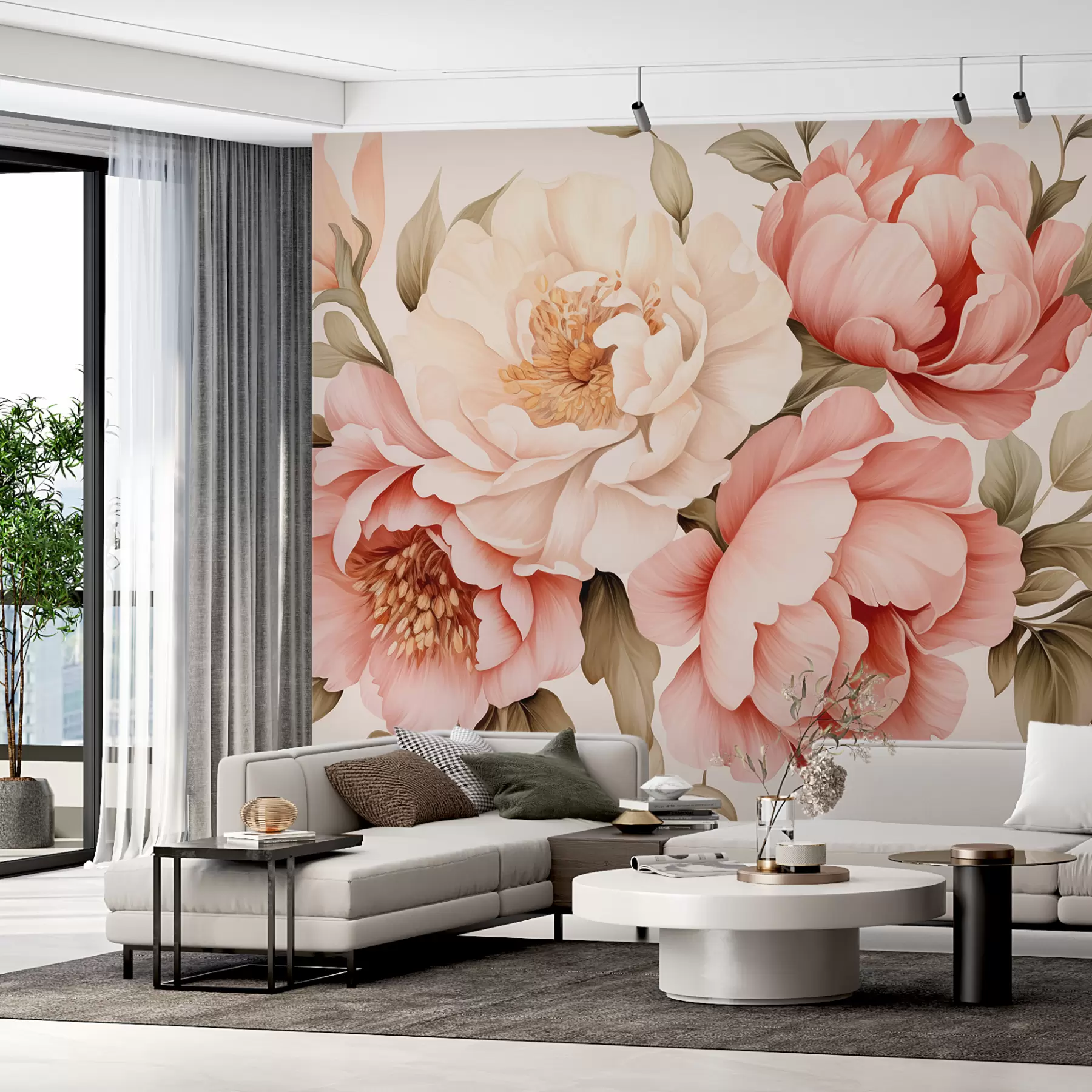 murales de pared Delicadas flores blancas y rosas de estilo vintage w01734