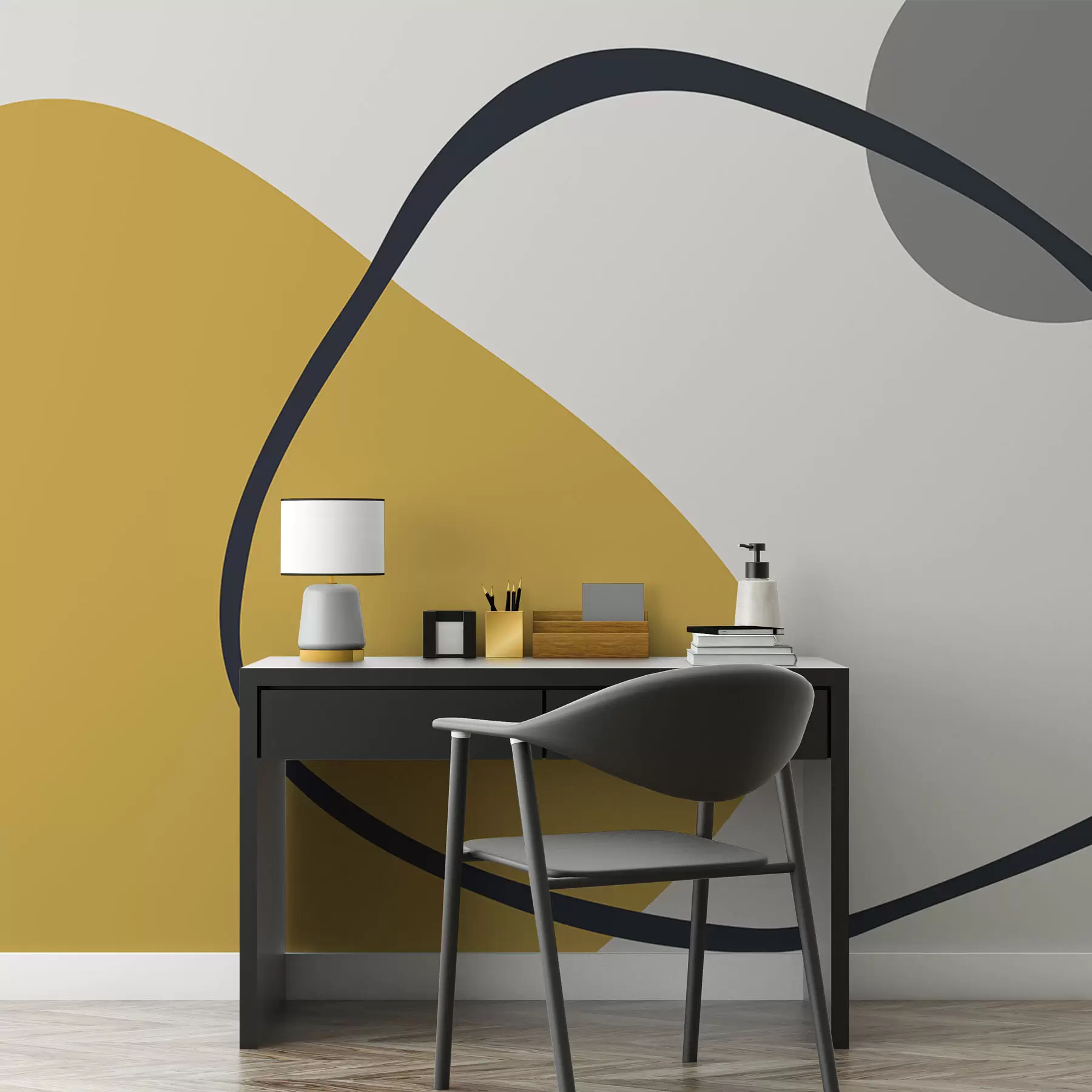 murales de pared Formas geométricas amarillas y grises sobre fondo claro w01687