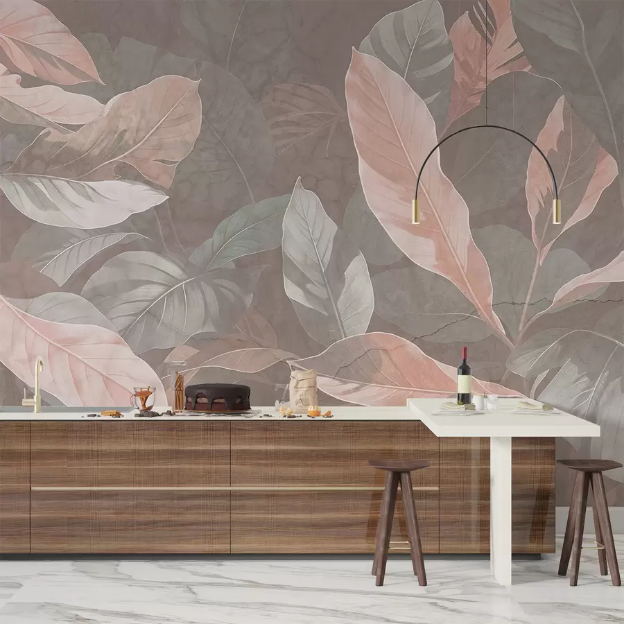 murales de pared Estampado abstracto con delicadas hojas blancas, beige y melocotón sobre un fondo de textura suave y apagada w08322v1