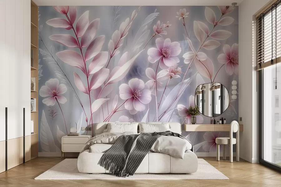 murales de pared Delicadas flores rosas con suaves pétalos y hojas sobre un fondo abstracto gris pálido w08323