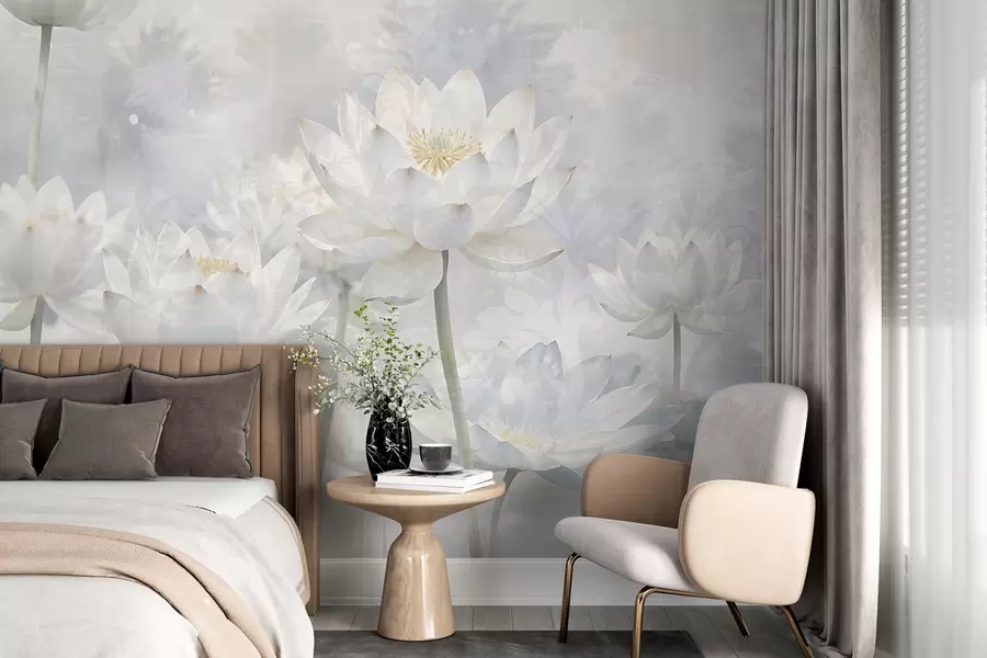 murales de pared Flores de loto blancas en un etéreo fondo de paisaje abstracto en colores pastel w08328